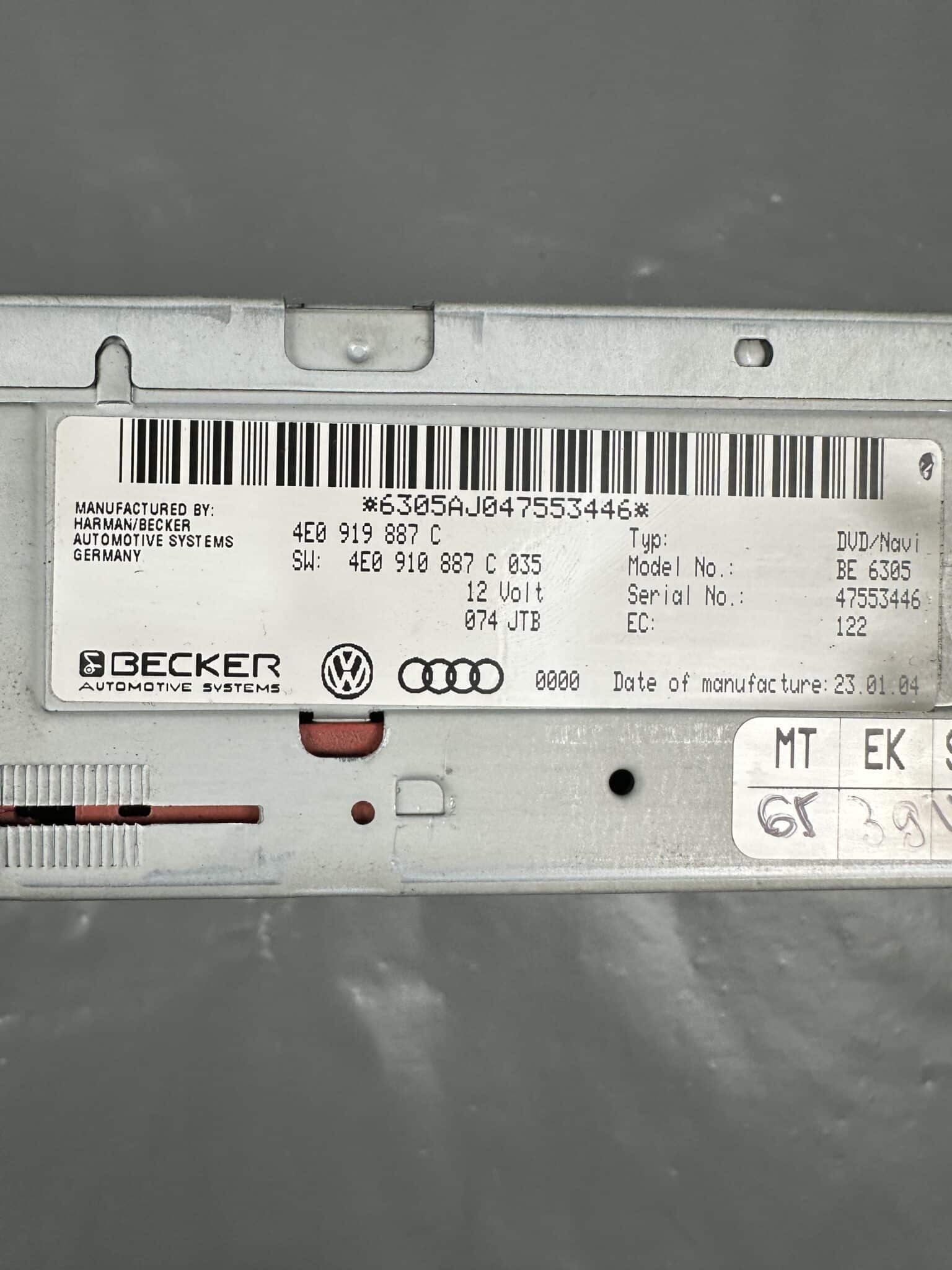 4E0919887C / 4E0910887C Audi A6 C6 A8 D3 Q7 4L MMI 2G DVD Navigation Becker BE6305