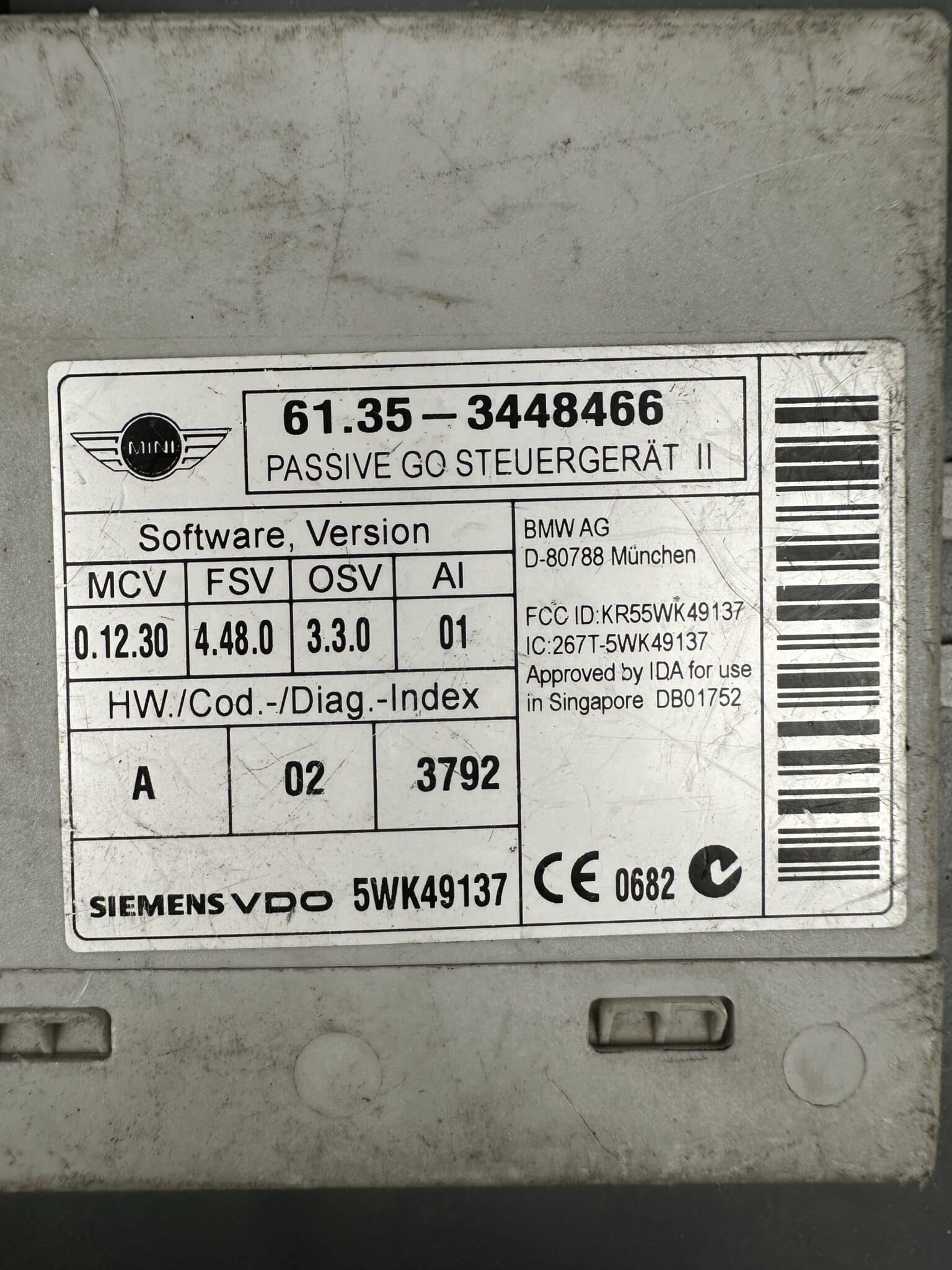3448466 MINI R55 R56 R57 Modul Pasiv Go Keyless – Original Folosit și Testat